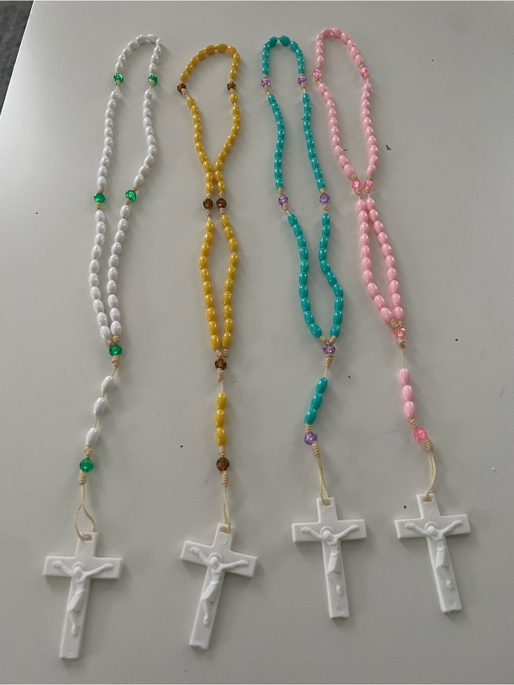Lot of 4 Plastic Beaded Christian Rosaries w/ White Crucifixes, Multicolor